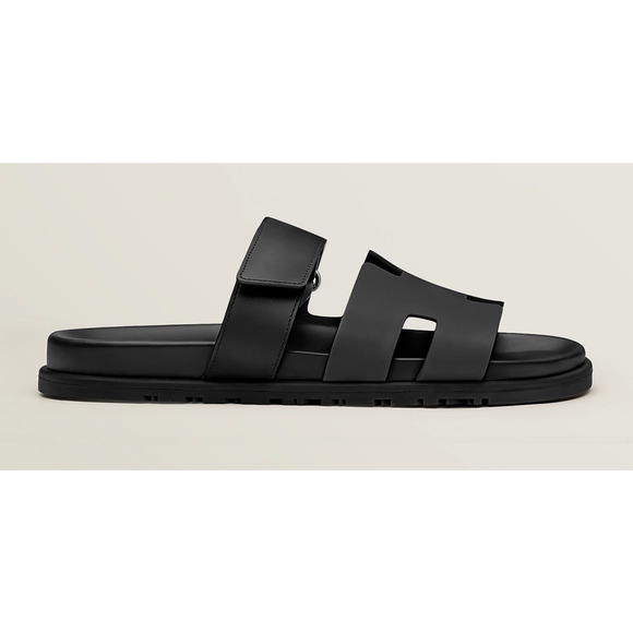 Hermes Chypre Sandal Mens Black Leather H Logo Strap Slide Slip On Flat 44 11 - Picture 4 of 12